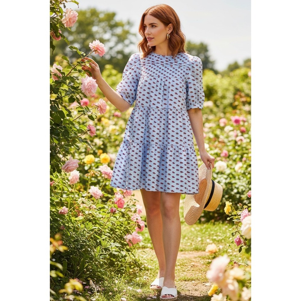 Find‎ Me Now XS Womens Mini Dress Dog Print Blue Red Babydoll Twee Cottage Retro